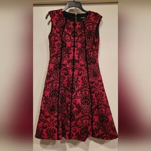Roz & Ali red and black damask, floral, velvet pattern sleeveless midi dress
